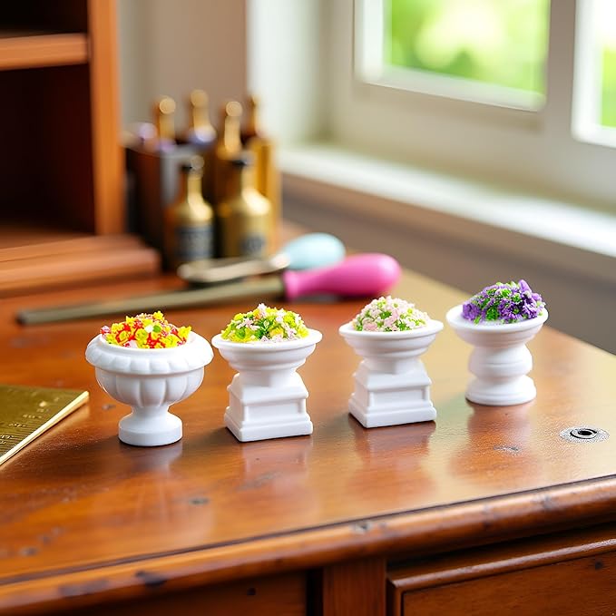 Miniature Dollhouse Plant Flowers, Mini Potted Plant Artificial Tiny Flowers Plants,Tiny Fake Greenery Bonsai Ornament Crafts for Doll House Accessories (Roman Style)