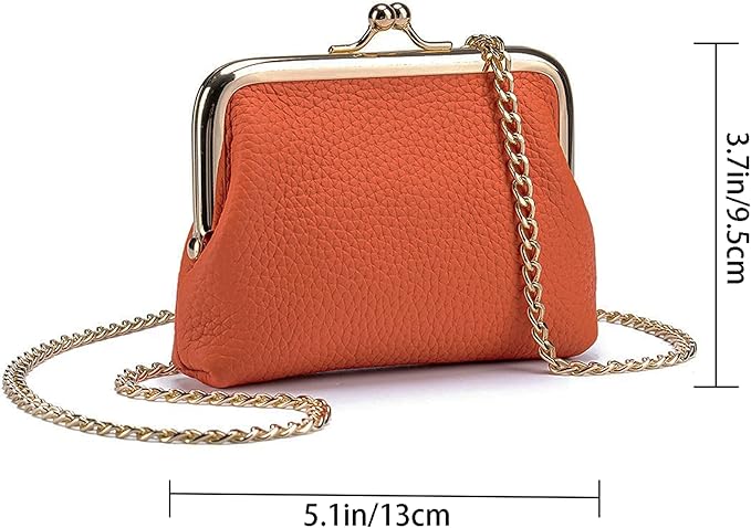 Cute Small Coin Purse & Credit Card Holder for Women Fashion Crossbody Chain Wallet Leather Coin Pouch Change Purse for Cash Key (Orange)