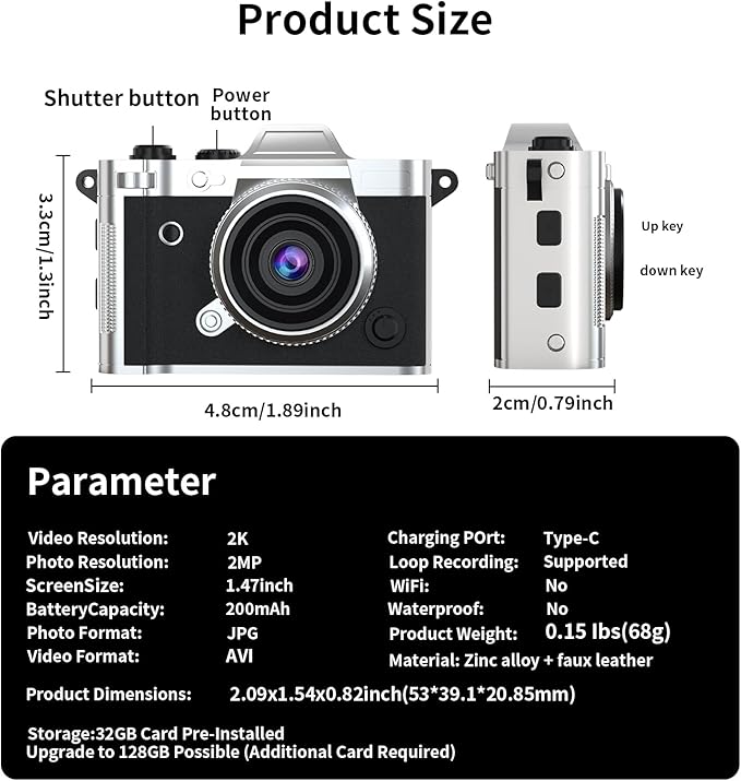 LENANE Mini Keychain Camera - 2K FHD Tiny Retro Digital Camera with 32GB Card, 1.47" Screen & OTG Adapter, Vintage Compact Micro Pocket Camera for Kids,Travel,Party (Black)