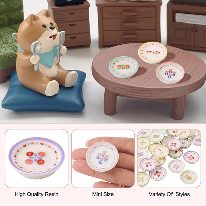 24Pcs Miniature Flower Plate Dollhouse Accessories Resin Mini Tableware Imitation Ceramic Bowl Tiny Dishes Ornaments Micro Landscape Decorations Garden Home Party Decorations Crafts Supplies