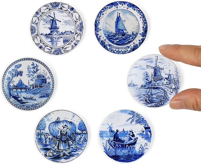 6PCS Handcrafted Miniature Ceramic Plates in 1:12 or 1:6 Scale, Vintage Porcelain Playhouse Dishes (Blue-White B, 4CM)