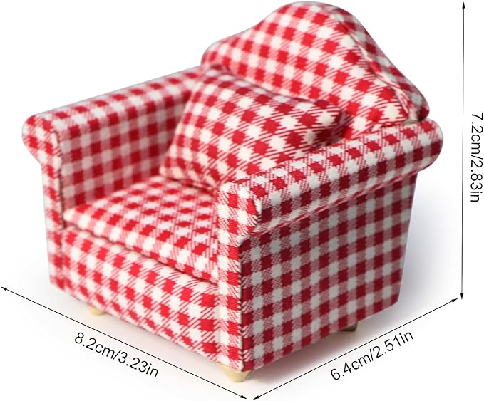 Dollhouse Couch with Pillow 1 12 Scale Miniature Sofa Arm Chair Living Room Furniture Wooden Fabric Frame Single Reading Chair Artificial House Room Scene Decoration (Plaid)