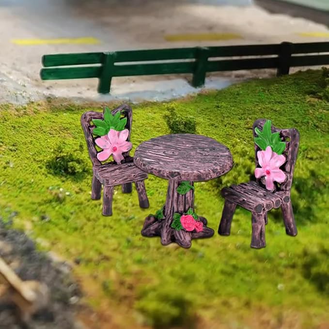 3 Pcs Miniature Round Table and Chairs Set - Outdoor Pastoral Style Fairy Garden Furniture Ornaments, Vintage Resin Bench & Chair Kit for Dollhouse Accessories, Micro Landscape & Home Decorations