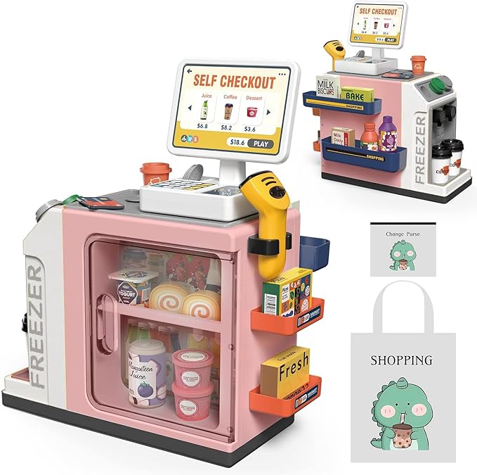 Cash Register Playset for Kids - 48PCS with Toy Coffee Machine,Pretend Play Money, Calculator, Scanner, Credit Card and Play Food for Boys and Girls！