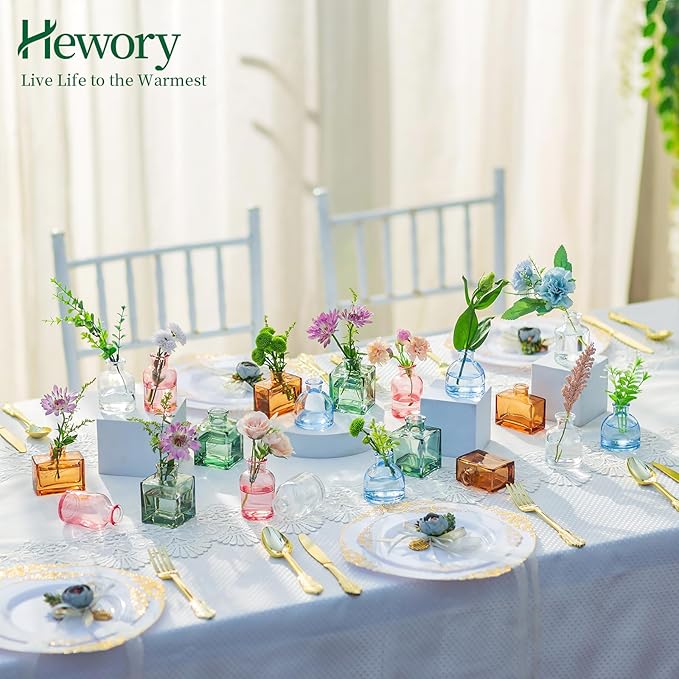 Small Glass Bud Vases for Centerpieces - Hewory 20pcs Colored Sturdy Cute Flower Vases Bulk, Mini Bottle Vase for Wedding Home Decor Birthday Party Events Mother's Day Bridal Shower Gifts Table Decor