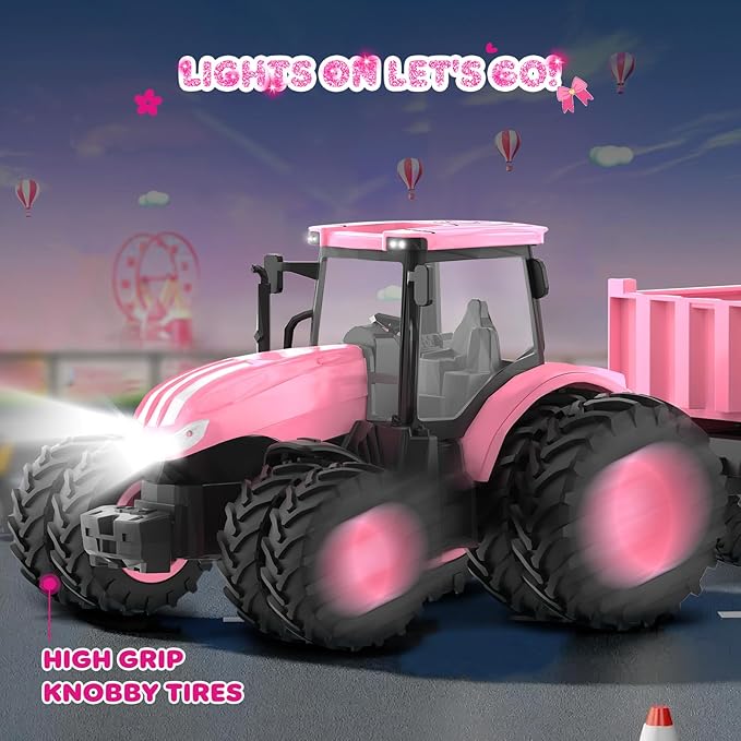Remote Control Tractor Toy [2026] Kids RC Tractor Set & Truck and Trailer Front Loader - Metal Car Head/8 Wheel/Light, Toddlers Farm Vehicle Toys for 3 4 5 6 7 8 9 Year Old Girls Birthday Gift, Pink