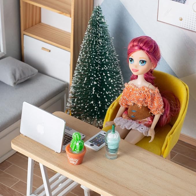 12Pcs Dollhouse Miniature Laptop Computer Tablet Phone Lamp Book Glasses Coffee Headset Simulation Accessories 1/12 1/6 Toy Pad Play Set Fits Barbie Doll Girl Mini Drink Party Office (Bule)
