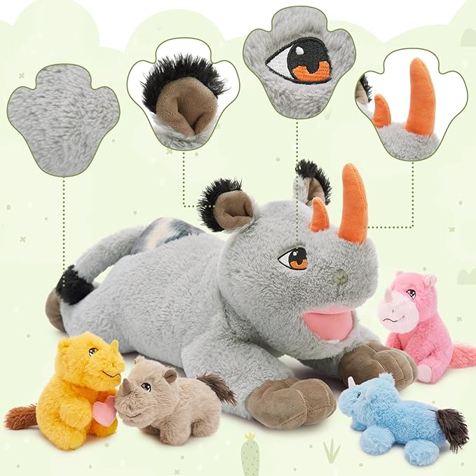 19.5“ Rhino Stuffed Animal Plush, Mother Rhinocero Plush Toy with 4 Baby Rhino plushies Inside, Soft Wild Animal Stuffed Toy for Kids Boys, Adorable Gifts for Brithday Baby Shower Christmas