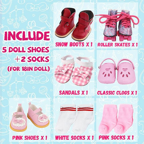 18 inch Doll Shoes - 5 Pairs of Different Types (Boots/Roller Skates/Sandals/Clogs) + 2 Pairs of Pink/White Socks 18 in Doll Accessories 18‘’Pink American Doll Accessories