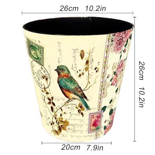 Scakbyer 10L/2.64 Gallon Trash Can, Decorative Waste Basket, PU Leather Waste Paper Basket, Waterproof Garbage Can for Bathroom, Bedroom, Office, Kitchen and Living Room - Colorful Bird