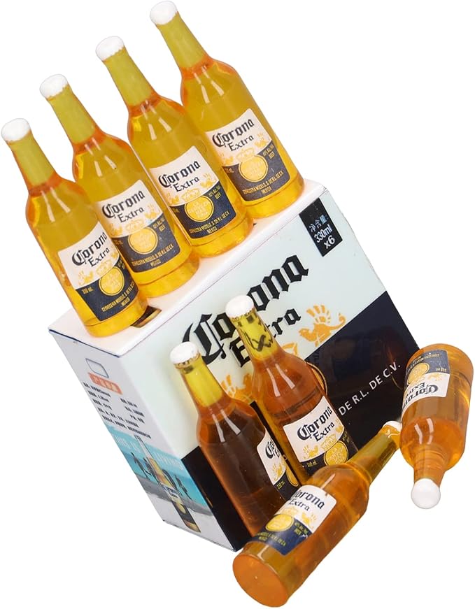 HilBeliFU 8Pcs Mini Beer Bottles, 1:12 Vivid Details Miniature Beer Bottle with Box, Beer Bottle Model, Plastic Beers Bottles Prop for Home Decoration, DIY Crafts, 1.5x0.4in