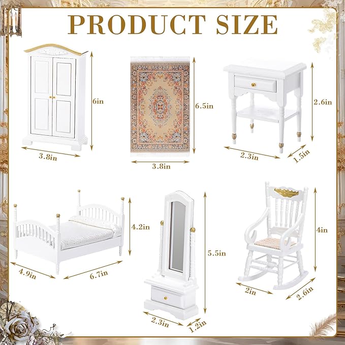 Skylety 7 Pcs Victorian Dollhouse Furniture 1: 12 Scale Dollhouse Bedroom Furniture Set for Adults Toys Miniature Doll House Accessories