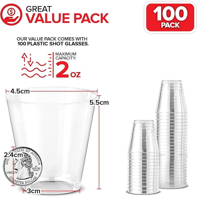 Stock Your Home 2 oz Shot Glasses - 100 Mini Plastic Shot Glasses (2oz) Clear Disposable Cups for Jello Shots, Wine Tasting, Liquor, Whiskey, Pudding, Sample Cup for Halloween and Elegant Parties