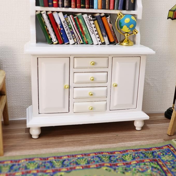 1:12 Scale Miniature Cupboard Bookshelf Classic Wooden Mini Storage Hutch Kitchen Dollhouse Bookshelf Wood Cabinet 1:12 Furniture Display Showcase Decoration Sideboard Accessories (White)