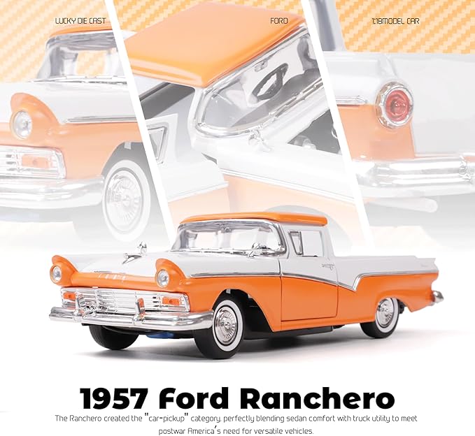 1957 Ford Ranchero 1:18 Diecast Model Officially Licensed Alloy Collection Car w/Working Doors & Hood, Classic Pickup for Kids Men and Teens Dad 14+ Year
