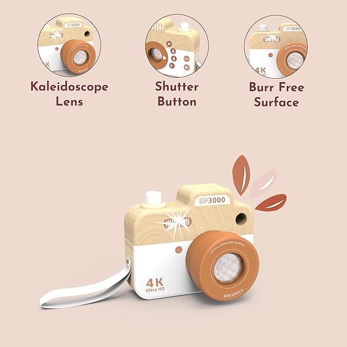 SPEEDY MONKEY My First Wooden Camera Toddler Toy with Kaleidoscope Lens, FSC Wood Pretend Play Camera for Kids – Early-Learning Photographed Props for Imaginative Play for Boys and Girls