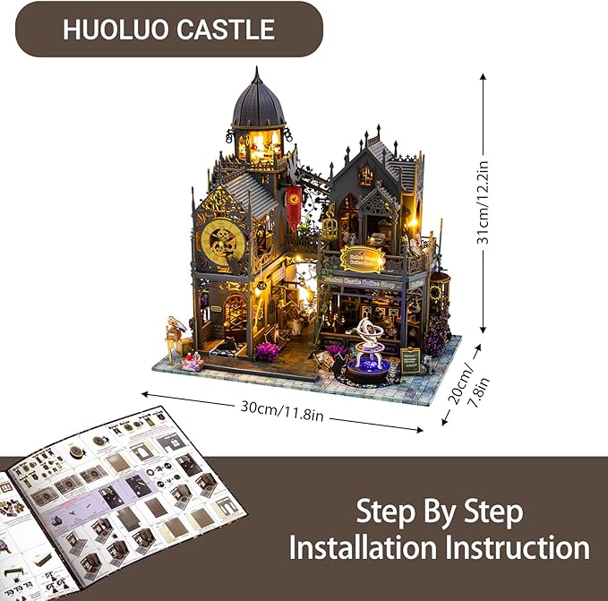 DIY Miniature House Kit, Dollhouse for Adults to Build, Birthday/Christmas Day Gift for Family and Friends, Magic Castle, Haunted Dollhouse, Prefab Tiny Home with LED Lights(Huoluo Castle)