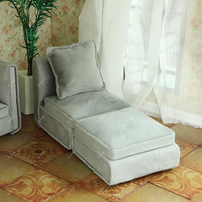 iLAND Dollhouse Furniture Miniature Sectional Couch Set Fit 1/12 Scale Accessories for Doll House Décor and 3 to 6 inches Doll Figure, Modern Light Grey Velvet Sofa Elegant & Classic