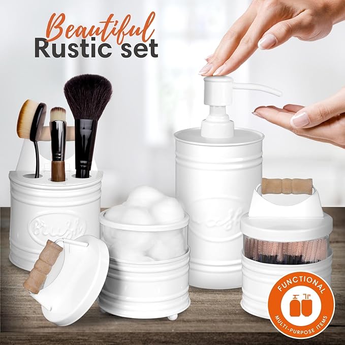 Autumn Alley White Bathroom Accessories Set 4 - Farmhouse Soap Dispenser, Toothbrush Holder, 2 Apothecary Jars Qtip Holder - White Bathroom Decor – Rustic Farmhouse Bathroom Accessories