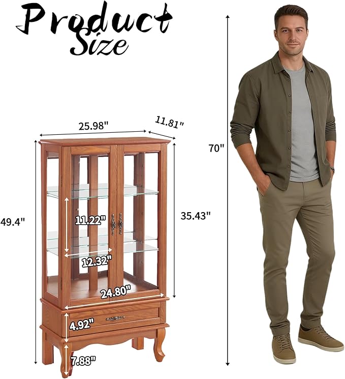 49" H Lighted Curio Display Cabinet with 2 Glass Doors & 1 Drawer, Wooden Curio Showcase w/Adjustable Shelves & Mirrored Back Panel, Wine Storage Cabinet Display Case for Living Room (Oak)
