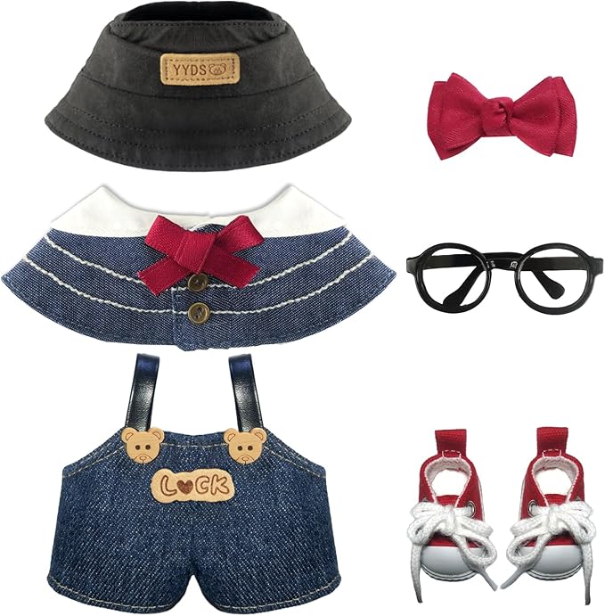 Clothes for 6.7in/17cm Dolls (Without Dolls) Sets and Accessories,6PCS (Hat + Bow + Glasses + Shawl + Pants + Shoes), Collectors and As Gifts. (Academic Style-Blue)