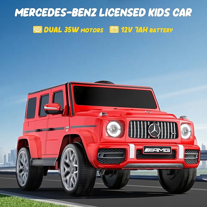 Licensed Mercedes Benz G63 Kids Electric Car, 12V 7Ah G wagon Ride on Car w/Safety High Window, Remote Control, 3 Speeds, Music Player, Horn & LED Lights for Toddlers (Red)