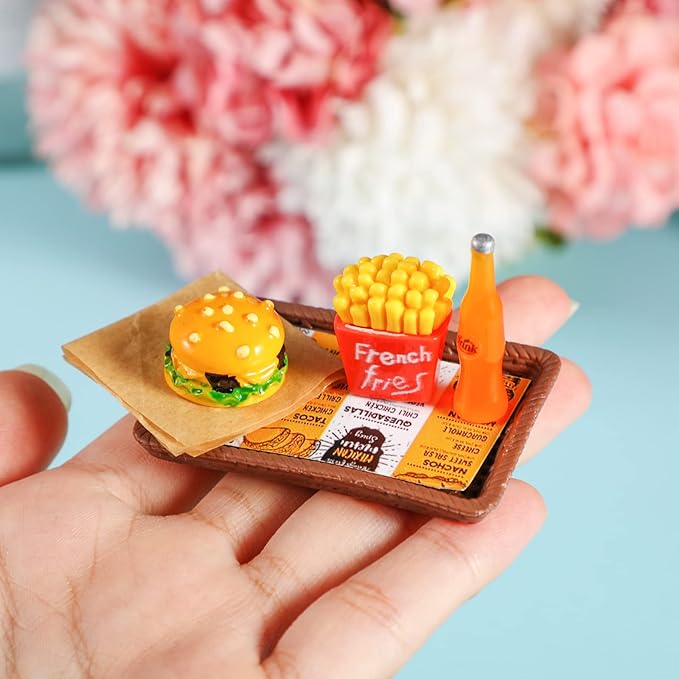 38 Pcs Miniature Food Toy Miniature Doll House Accessories Miniatures Play Sets Small Doll Food Dollhouse Foods, Hamburger Fries Soda Milk Juice Fast Foods Set for Pretend Kitchen(Fresh Style)