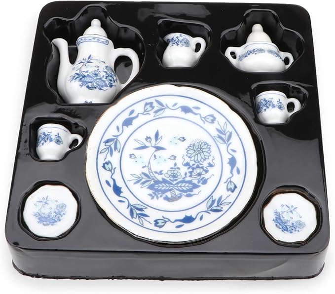 Dollhouse 1:6 Porcelain Tea Cup Sets 8 Pcs Set Miniature Ceramics Dollhouse Accessories Flower Pattern Teapot Platter Dish Sets Dollhouse Kitchen Supplies Decoration (Blue)