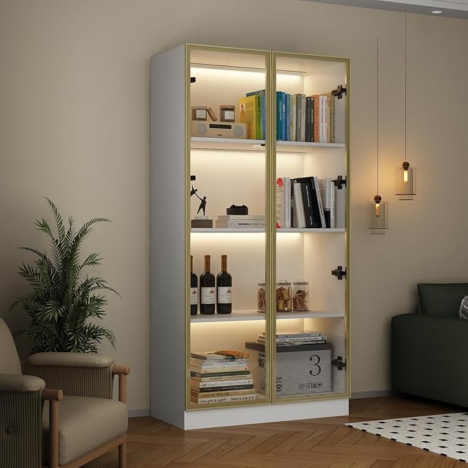 FAMAPY Display Cabinet with Glass Doors and Lights, Glass Display Cabinet with 4-Tier Storage Shelves, Pop-up Design, Trophy Case White and Champagne Gold (31.5”W x 15.7”D x 63”H)
