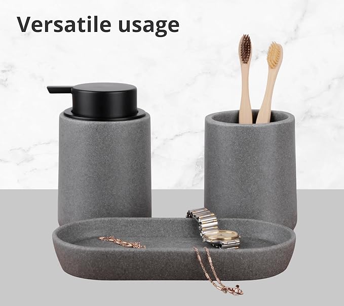 Clasin Home Grey Bathroom Accessories Set, 3 Pcs Resin Bathroom Accessories Complete Set, Sandstone Look Soap Dispenser with Large Pump, Toothbrush Cup, Soap Dish for Modern Home Decor and Kitchen