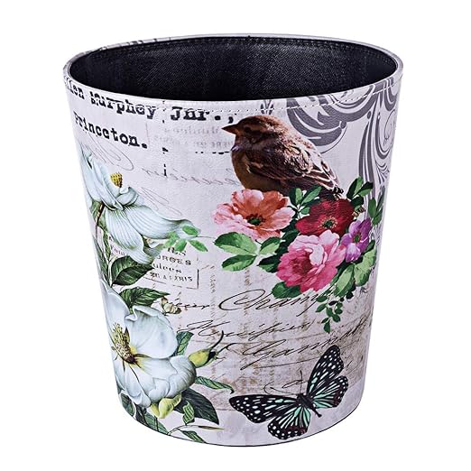 Scakbyer 10L/2.64 Gallon Trash Can, Decorative Waste Basket, PU Leather Waste Paper Basket, Waterproof Garbage Can for Bathroom, Bedroom, Office, Kitchen and Living Room - Brown Bird