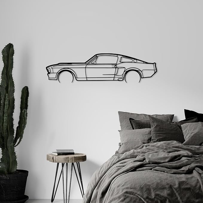 DecoSoul Mustang Metal Car Wall Art, Sports Car, Automotive Silhouette Line Decoration, Minimalist Sculpture for Garage, Indoor Outdoor Wall Hanging, Gift for Boyfriend (Black - 40 x 11” inch)