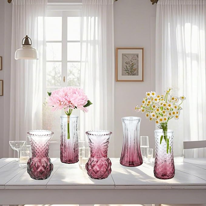 Glass Bud Vase Set of 5: Eylkoi Pink Vases for Centerpieces Decorative, Vintage Embossed in Bulk Crystal Textured Cute, Wedding Decor Mini Flower Floral Vase for Rustic Wedding, Home Table, Party