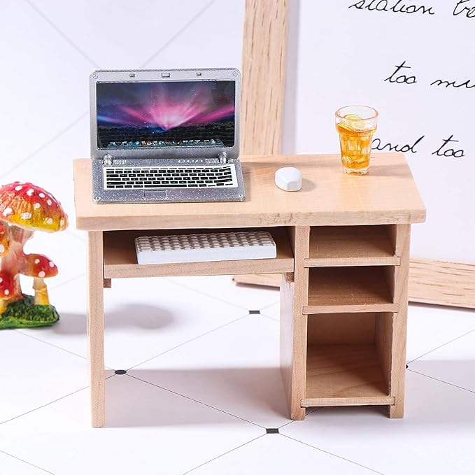 Dollhouse Miniature Laptop Computer and Office Table Doll House Simulation Notebook Accessories for Doll 1/6 1/12 Miniatures Pretend Play