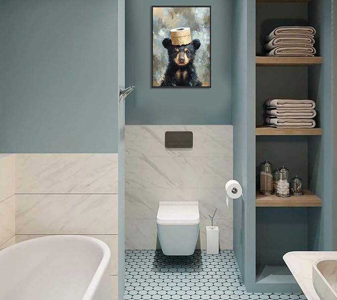 VPUQWGKE Bathroom Bear Canvas Wall Art Black Bear With Paper Wall Decor Picture Bathroom Humor Funny Animal Painting Print for Kids room toilet Washroom Home Decoration 12x16in Black Frame