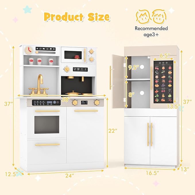 INFANS Play Kitchen for Kids, 2-Piece Fridge Refrigerator Playset Combination with Electronic Interactive Alphabet Wall Chart Coffee Machine Stove Microwave, Toddler Wooden Pretend Cooking Set Gift