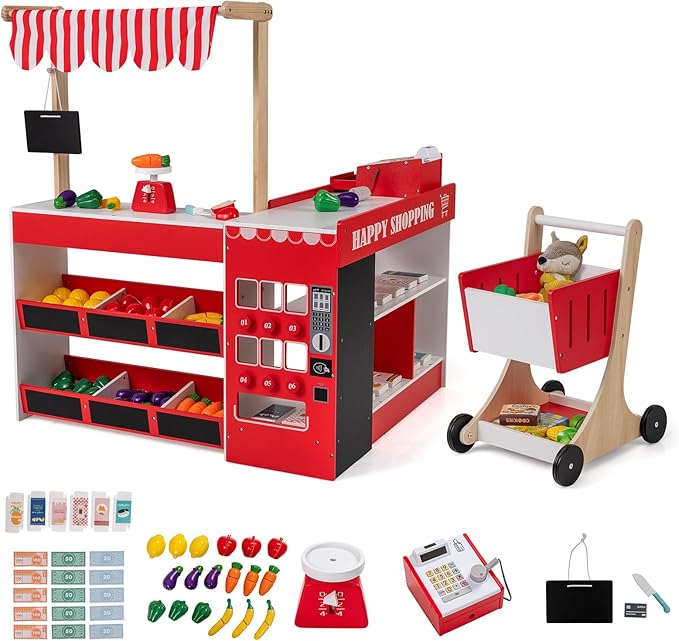 Costzon Kids Grocery Store Playset, Wooden Play Store w/Lights & Sound, Shopping Cart, Blackboards & Cash Register, Toddler Toy Grocery for Boys and Girls Ages 3+ (Red, 35.5" x 31" x 41")