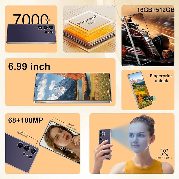 OEJBK I25 Ultra: Powerhouse 16GB/512GB, 2-Day 7000mAh Battery, Huge 6.99" Android 14 Phone w/Built-in Stylus - Your All-in-One Device The Superior Choice (Purple)