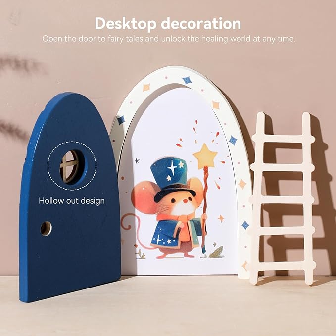 Christmas Mamimami Home Blue Wooden Magical Fairy Doors, 13cm 5.12 inch Elf Mouse Miniature Tiny Door with Ladder, Tooth Fairy Door Handmade Decorations Gifts