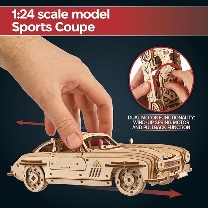 UGEARS Winged Sports Coupe Model Car Kit - 3D Wooden Puzzle for Adults – Model Kit for Adults to Build - DIY Wooden Car with Authentic Gull-Wing Design, 3D Puzzle