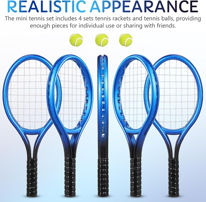 Kisangel 4 Sets Mini Tennis Rackets, Baby Tennis Racket and Balls Miniature Cake Topper Decorations Keychain Kit Dollhouse Toy for Sports Equipment