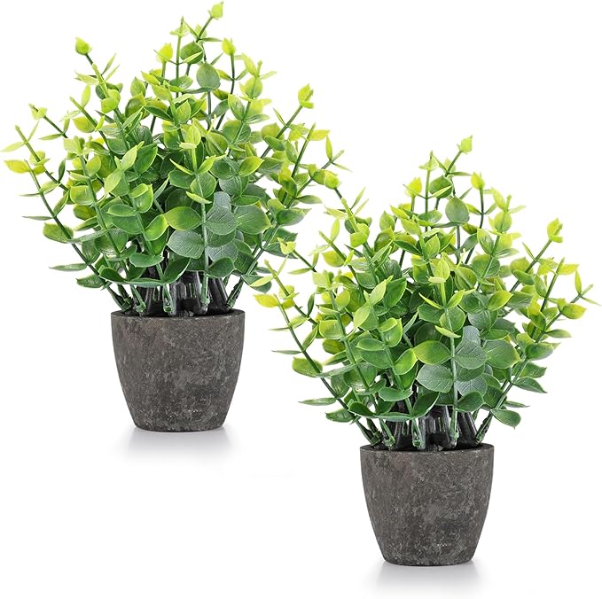 FAVOWREATH 2 Pack Fake Plants Ceramic Mini Artificial Greenery Potted Plants for Home Decor Office Decor Room Decor Farmhouse Decor Indoor Table Bathroom Decor