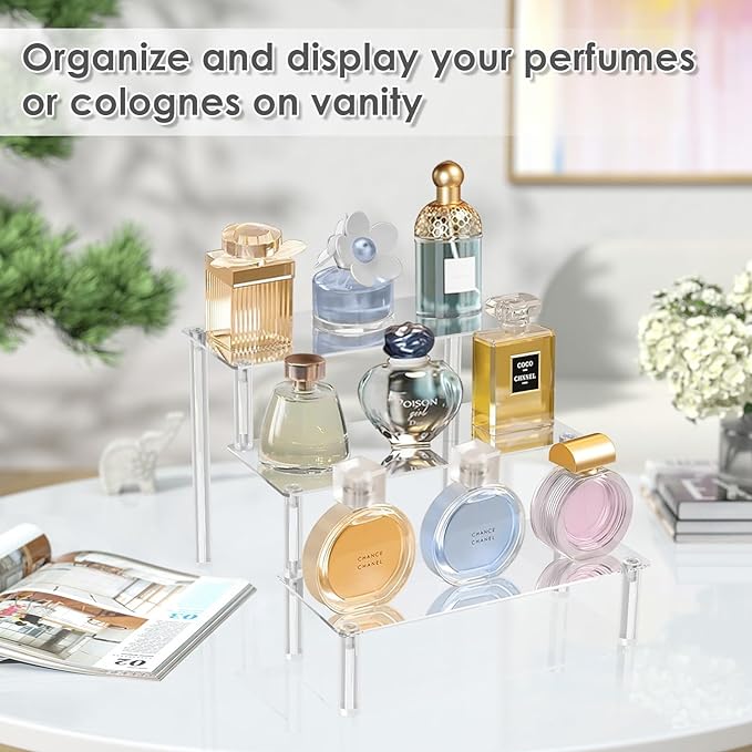 Acrylic Display Risers,Clear Display Risers Stand Small Mini Shelf 3 Tiered Cupcake Stand for Food Desserts Stand Shelves for Party Perfume Organizer Toys Figures Collections Cosmetic Products Tabletop Use