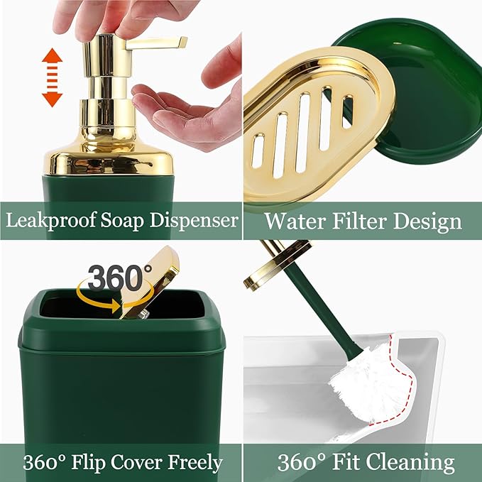 XLHOMO Dark Green Bathroom Accessories Set, Green and Gold Bathroom Accessories with Trash Can, Soap Dispenser, Soap Dish, Toothbrush Holder and Q-tip Holders