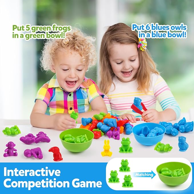 Counting Animals Toys Matching Game with Sorting Bowls Preschool Learning Activities Montessori Sensory Toys for Math Color Sorting, Party Favors Birthday New Year Gifts for Kids