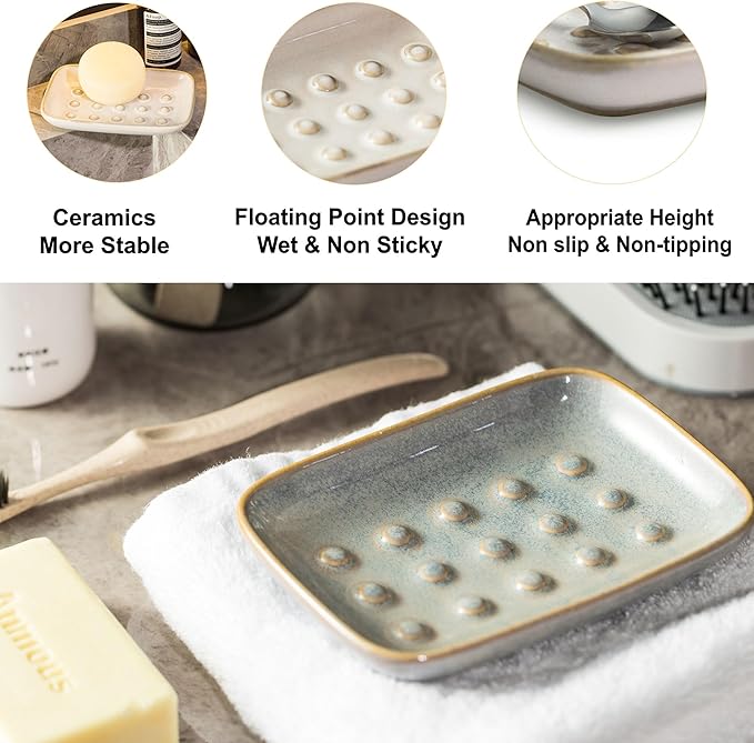 Soap Dish for Shower, Ceramic Soap Dish for Large Soap Bars, Non-Slip Soap Holder & Saver Tray with Floating Point Design for Bathroom, Shower, Kitchen Sink, Save Soap Loss