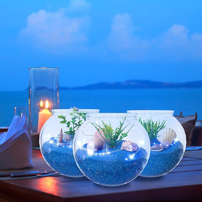 12 Set 30 oz Plastic Fish Bowl for Centerpieces Beach Sea Nautical Party Decorations, Plastic Fish Bowls with Blue Lights, Fake Sea Grass and Blue Sand(with Sand)