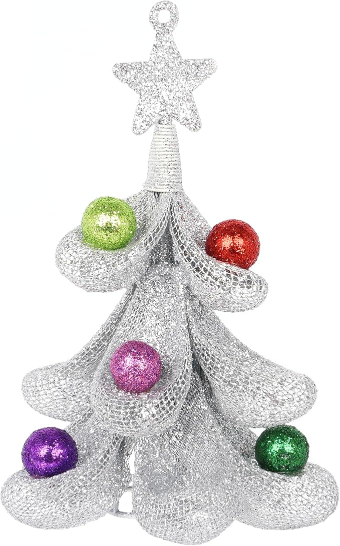 XMIAOX Mini Metal Christmas Tree, 5.9" Handcrafted Wire Mesh Tree Tabletop Hanging Ornament with Star Tree Topper & Colorful Glitter Balls, Sparkling Holiday Decoration for Desk, Shelf & Home Décor