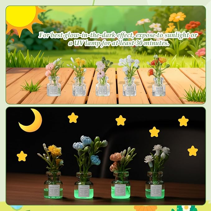 10 Pcs Miniature Flower Dollhouse Plants, 1:12 Scale Glow in The Dark Glass Vase Flowers, Tiny Plant House Decor for Dollhouses Accessories, Fairy Gardens