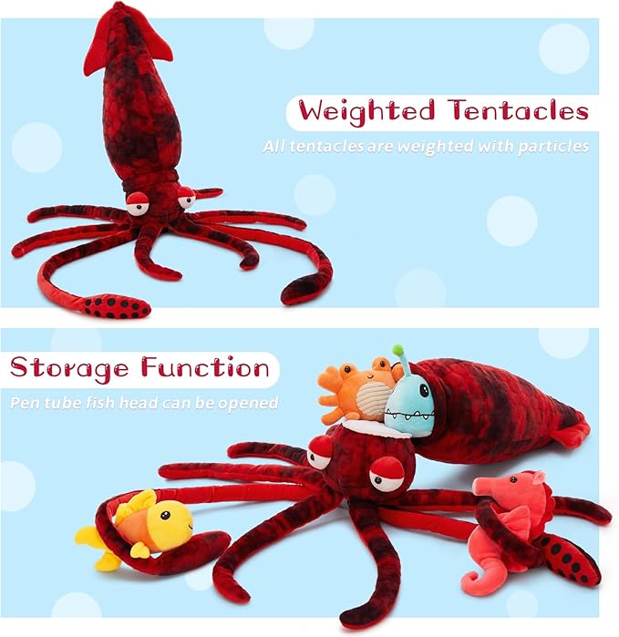 5Pcs Giant Squid Stuffed Animal with 4 Sea Animal Plush Toy, Clownfish Crab Seahorse Angler Fish Baby Stuffed, 41.3" Squid Plush for Boys Girls Kids, Ocean Theme Party Decor